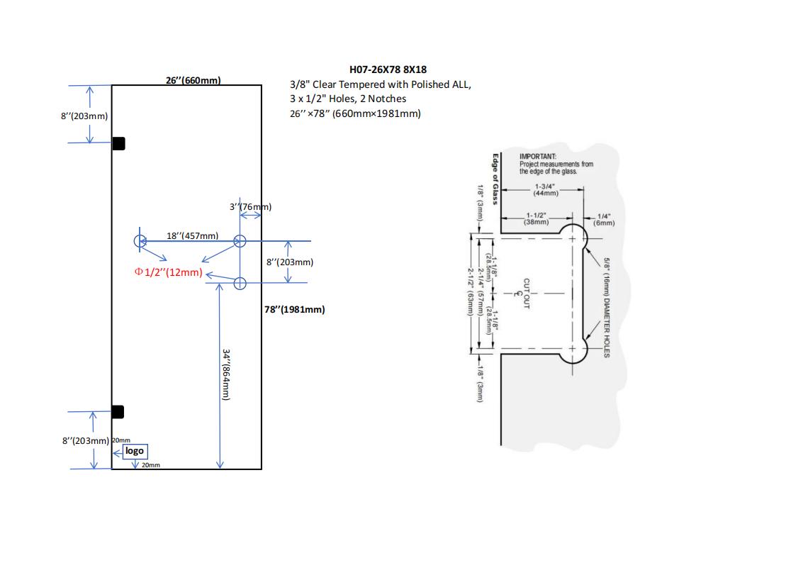 H07A, 3/8‚ Clear Tempered Glass Shower Door.(CARTON)