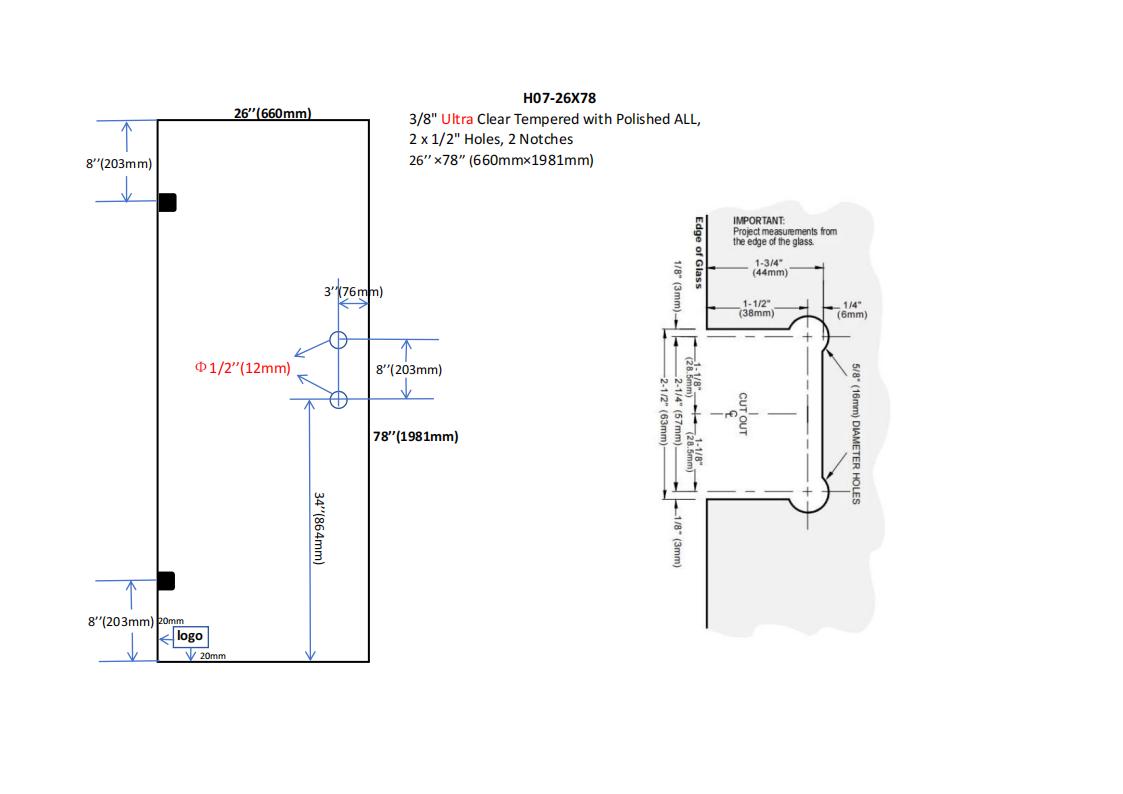 H07BG, 3/8‚ Low Iron Tempered Glass Shower Door.(BARE GLASS)