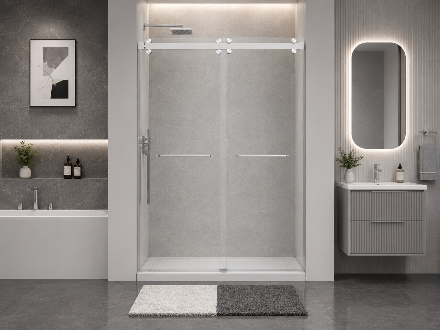 D2 -46 to 49 in. W x 78 in. H Frameless Double Sliding Door with Nano Coating 3/8 in. Clear Glass