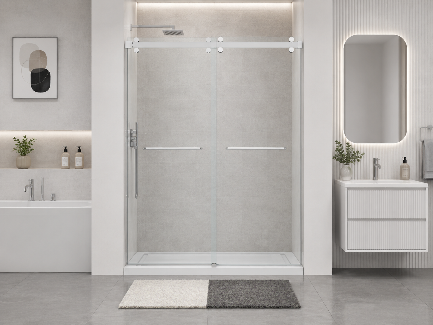 D2 -46 to 49 in. W x 78 in. H Frameless Double Sliding Door with Nano Coating 3/8 in. Clear Glass