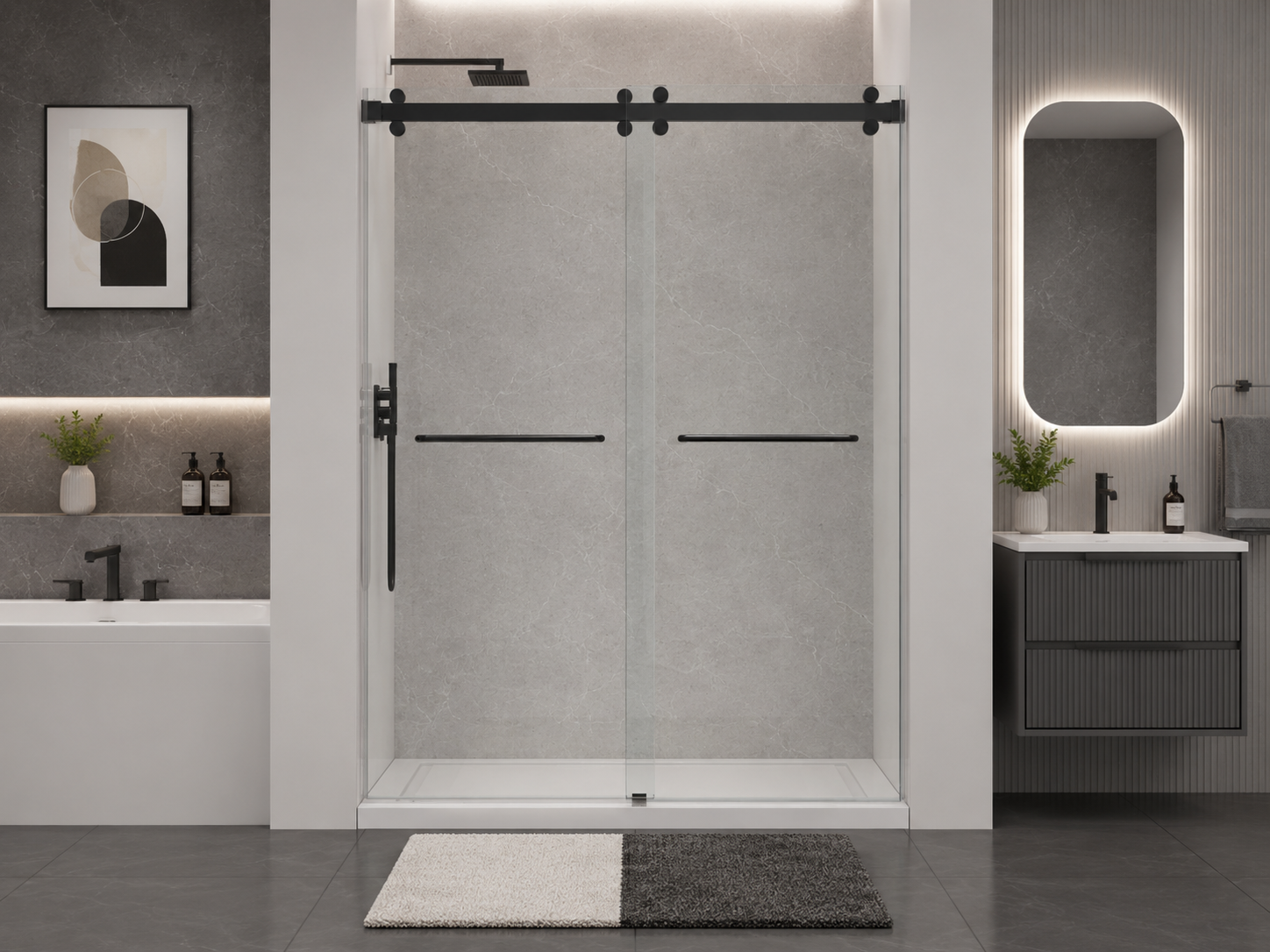 D2 -46 to 49 in. W x 78 in. H Frameless Double Sliding Door with Nano Coating 3/8 in. Clear Glass