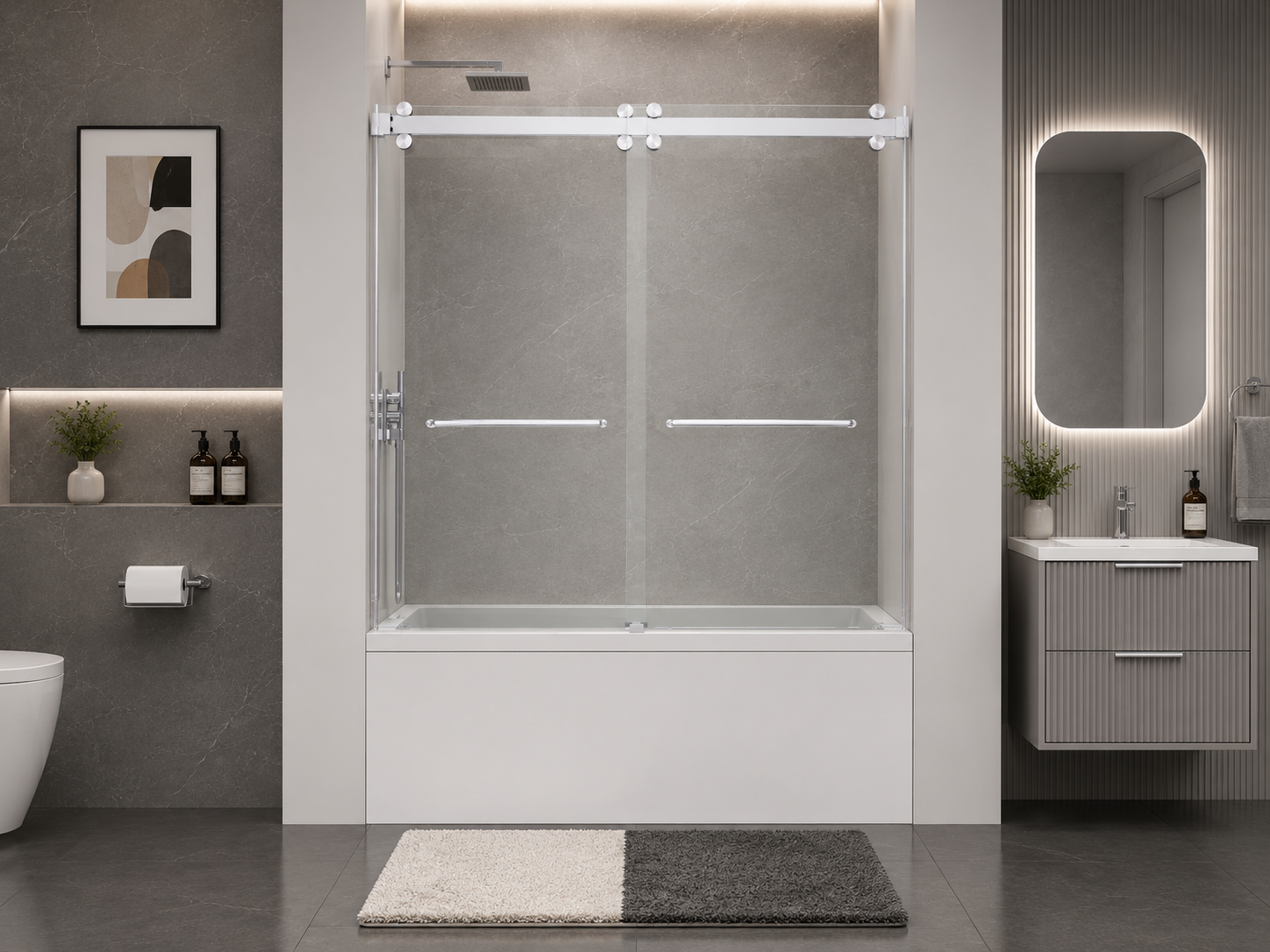 D2 -56 to 60 in. W x 66 in. H Frameless Double Sliding Bathtub Door with Nano Coating 3/8 in. Clear Glass