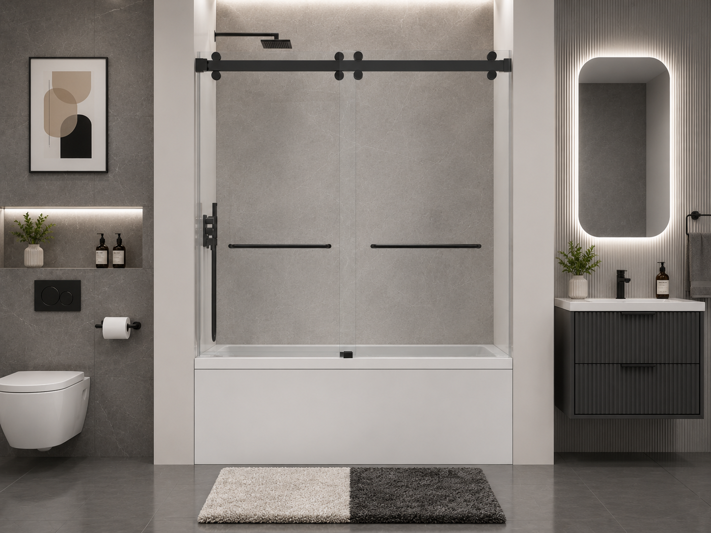 D2 -56 to 60 in. W x 66 in. H Frameless Double Sliding Bathtub Door with Nano Coating 3/8 in. Clear Glass