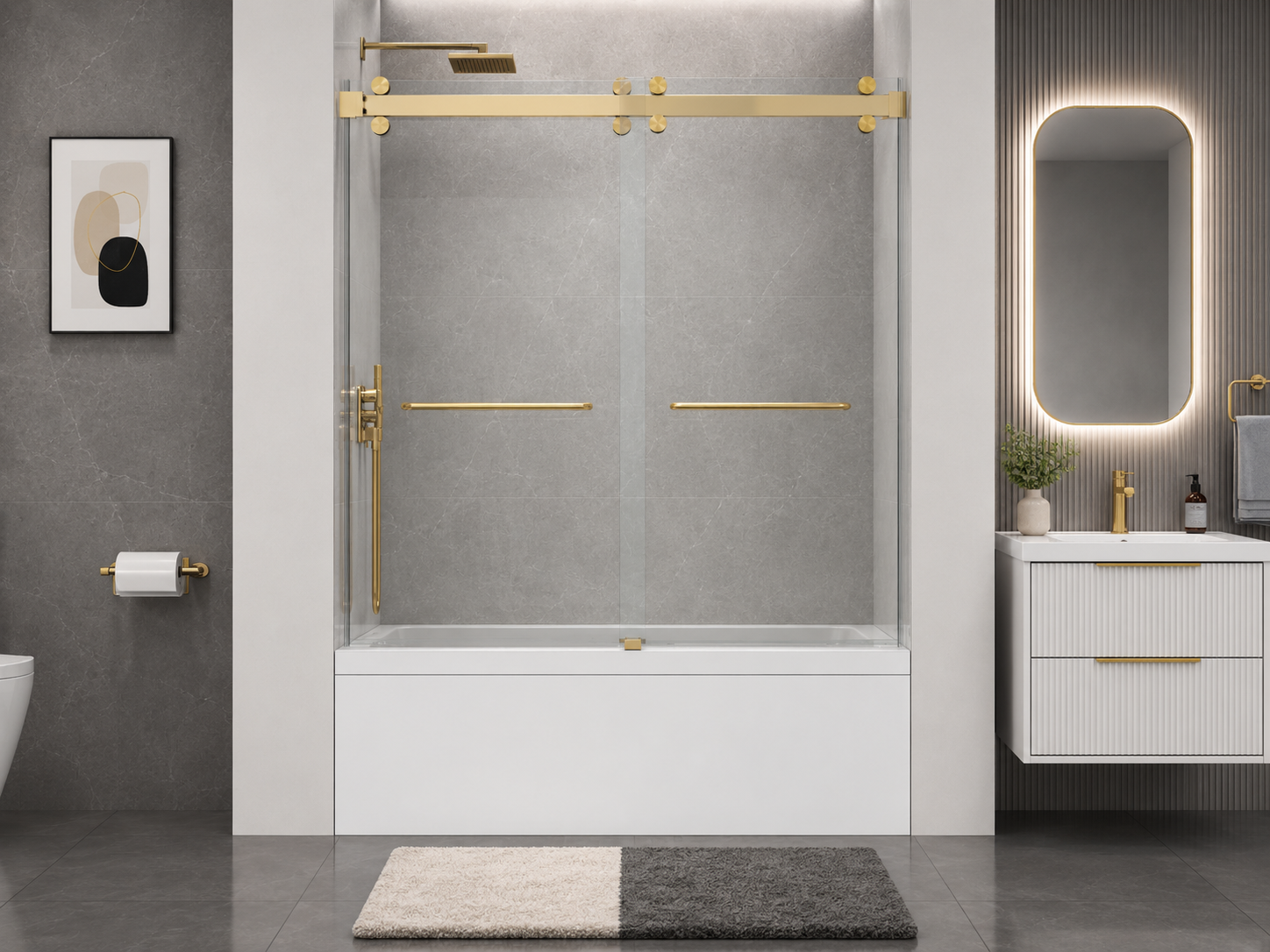 D2 -56 to 60 in. W x 66 in. H Frameless Double Sliding Bathtub Door with Nano Coating 3/8 in. Clear Glass