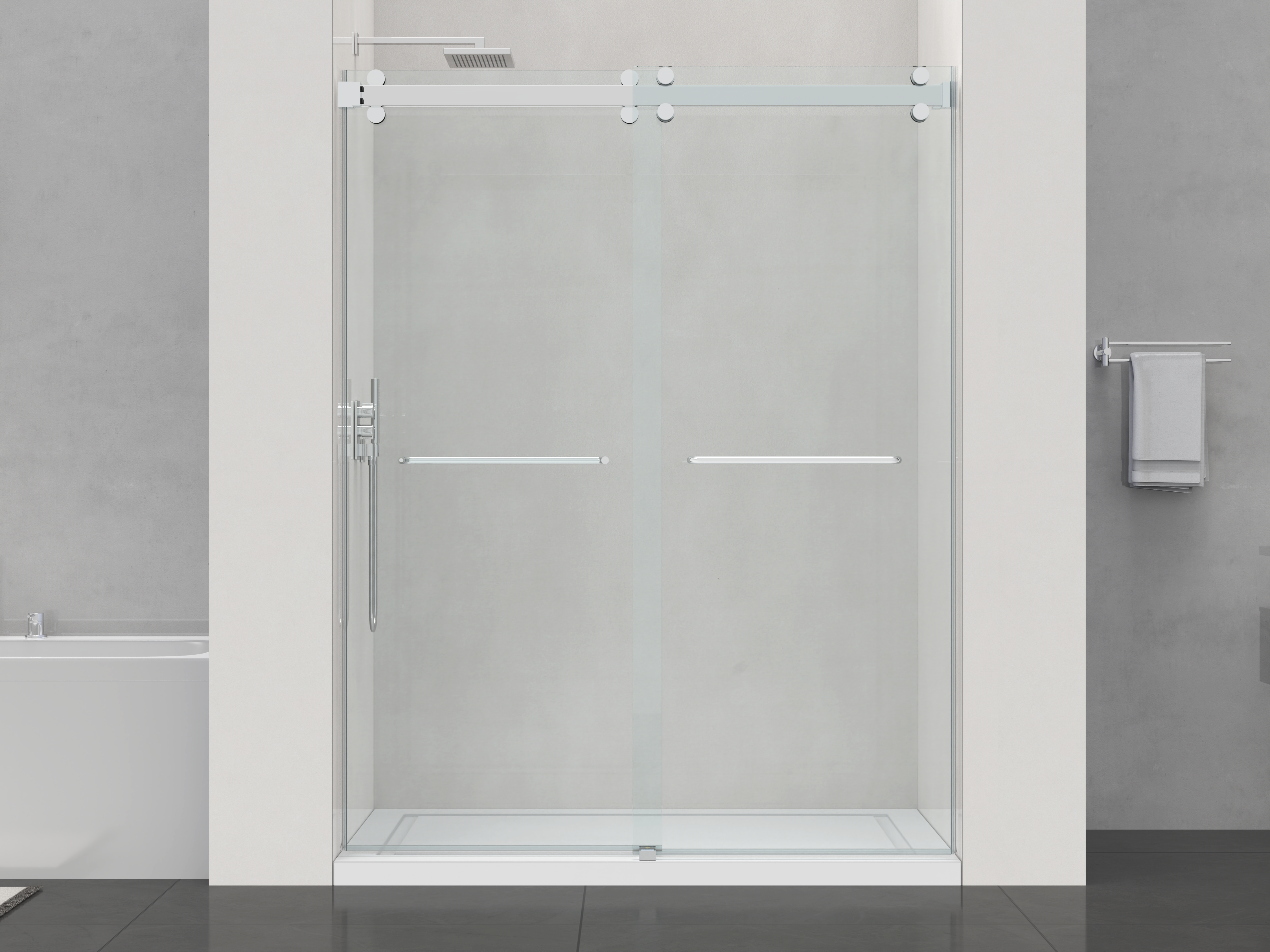 D2 -56 to 60 in. W x 78 in. H Frameless Double Sliding Door with Nano Coating 3/8 in. Clear Glass