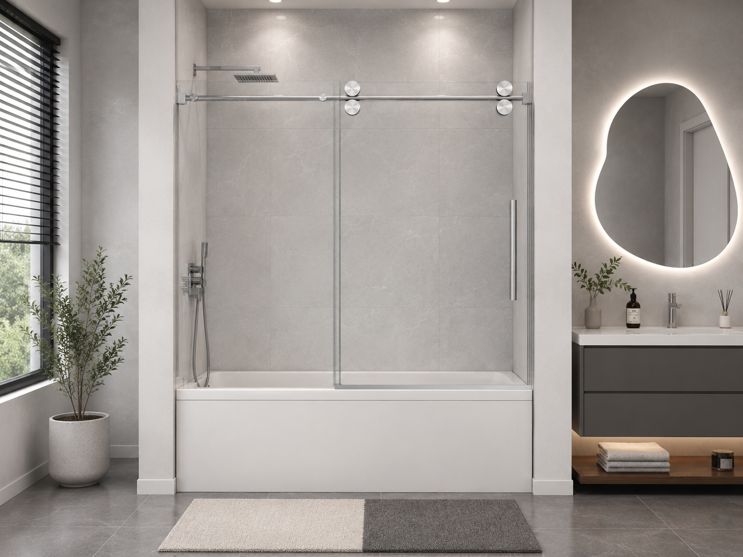 D4 -56 to 60 in. W x 66 in. H Frameless Double Sliding Bathtub Door with Nano Coating 3/8 in. Clear Glass