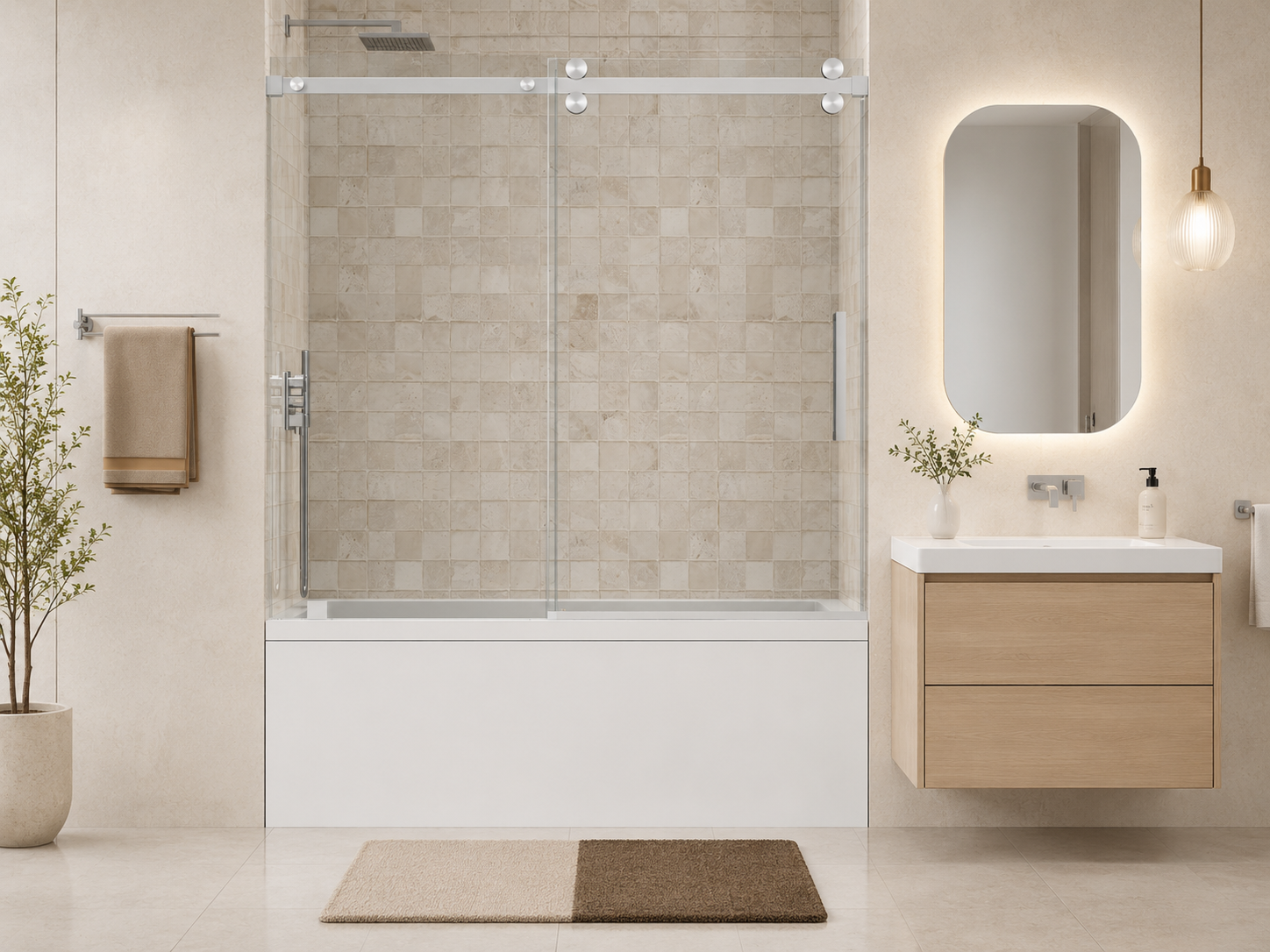 D9 -56 to 60 in. W x 66 in. H Frameless Single Sliding Bathtub Door with Nano Coating 3/8 in. Clear Glass