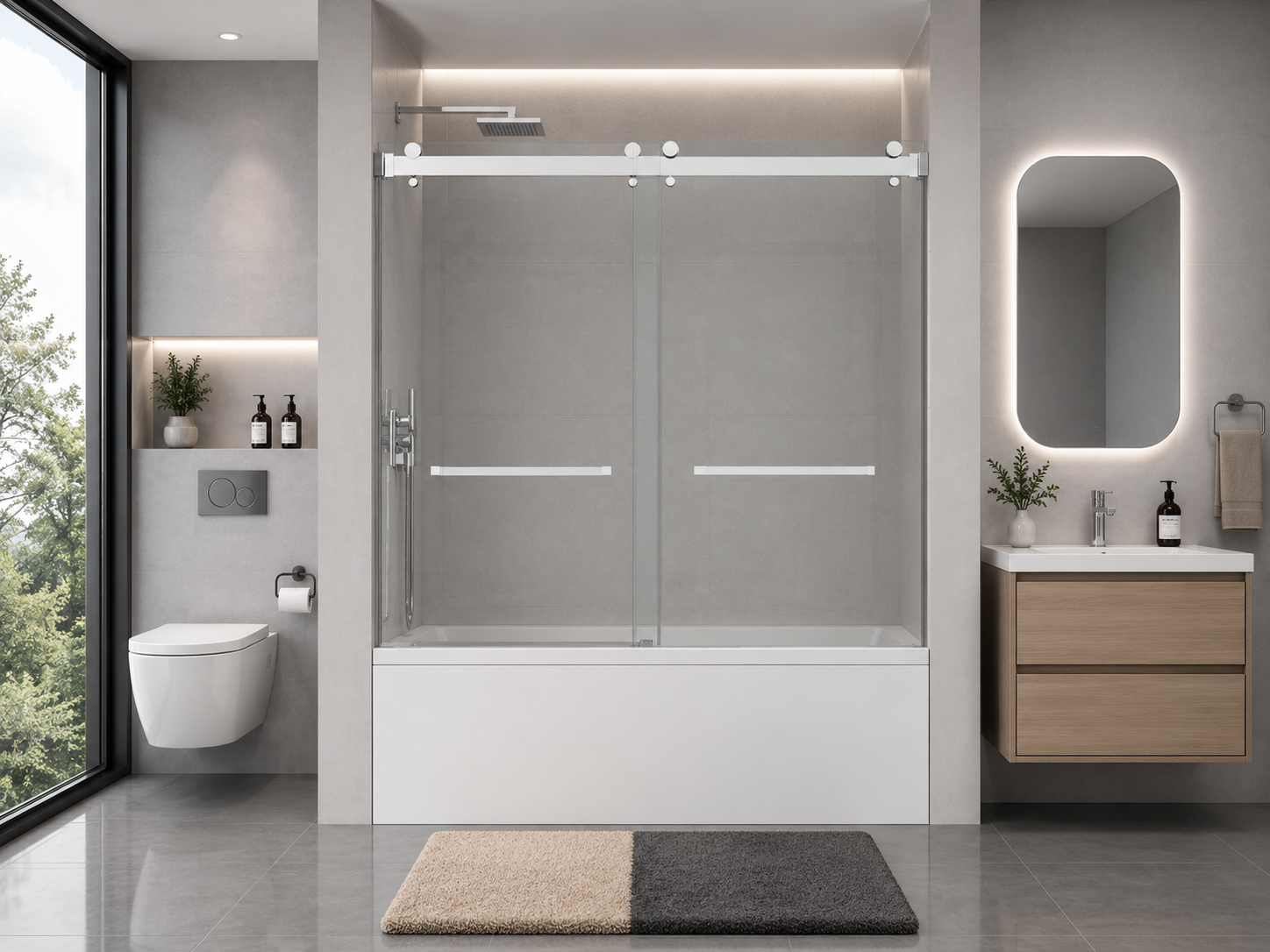 D1 -61 to 66 in. W x 66 in. H Frameless Double Sliding Bathtub Door with Nano Coating 3/8 in. Clear Glass