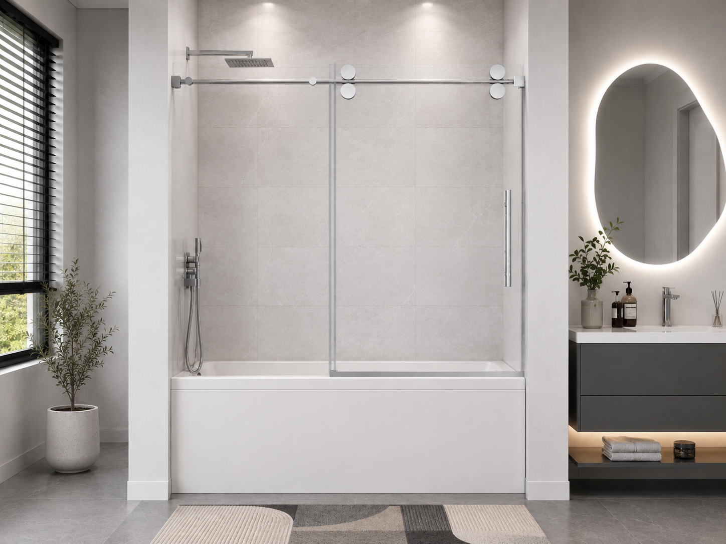 D4 -56 to 60 in. W x 66 in. H Frameless Double Sliding Bathtub Door with Nano Coating 3/8 in. Clear Glass